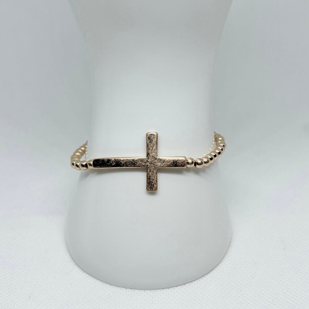 Gold Tone Beaded Stretch Bracelet Sideways Cross Center NWT